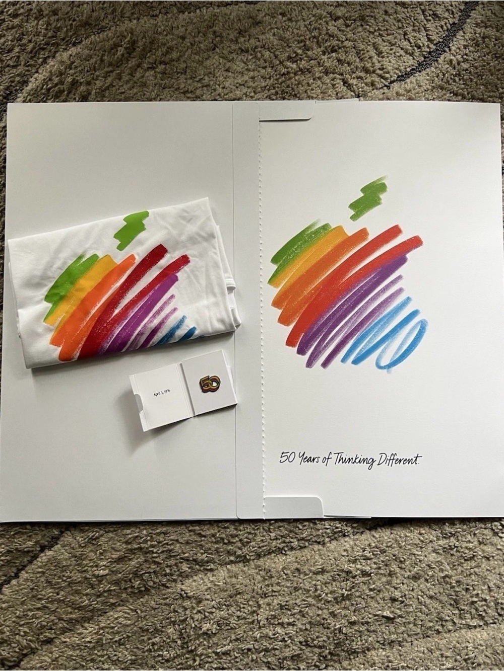 Apple 50th anniversary Set: Shirt Medium. pin and Poster.